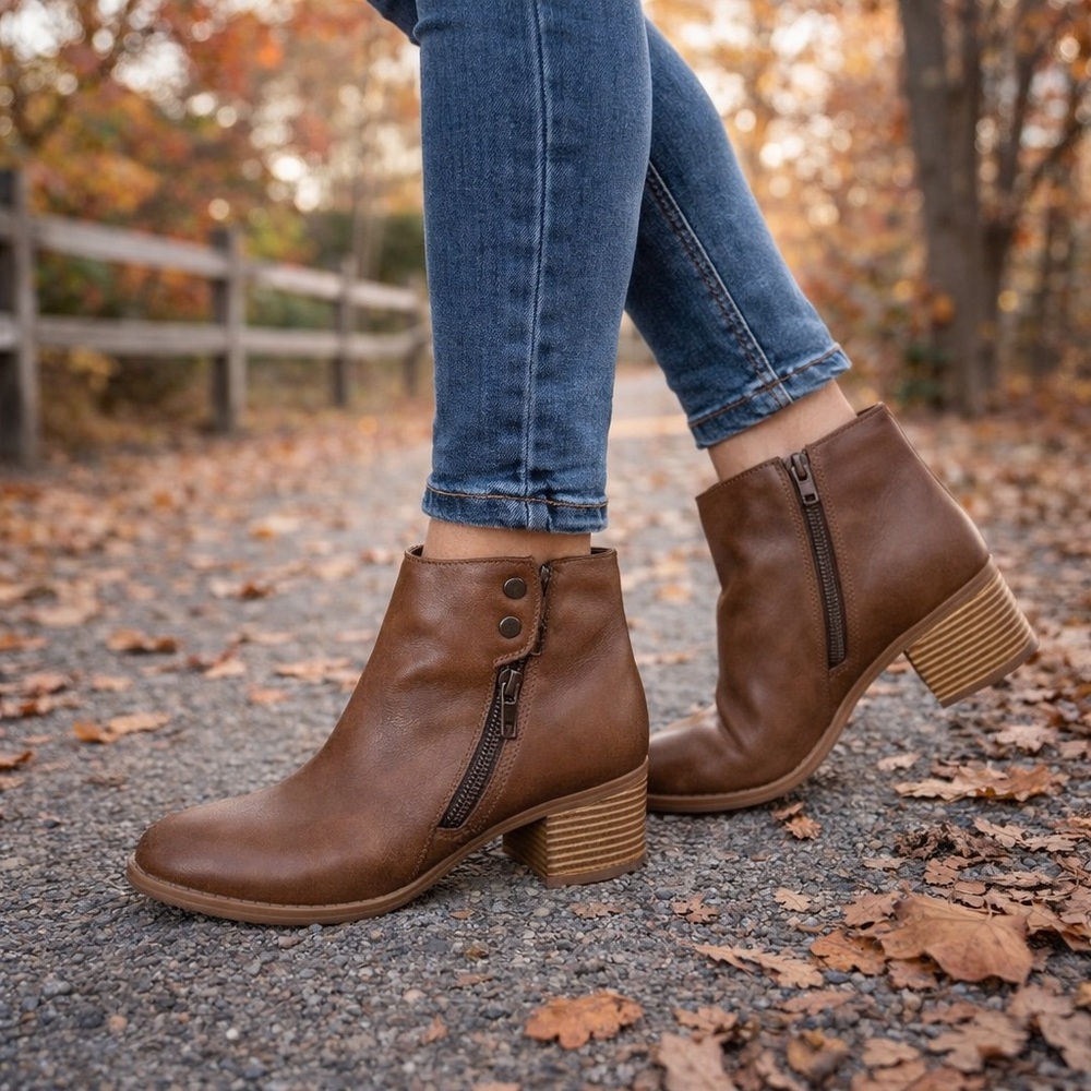 G H Bass Brown Ankle Boots Side Zip Block Heel Women's 10M